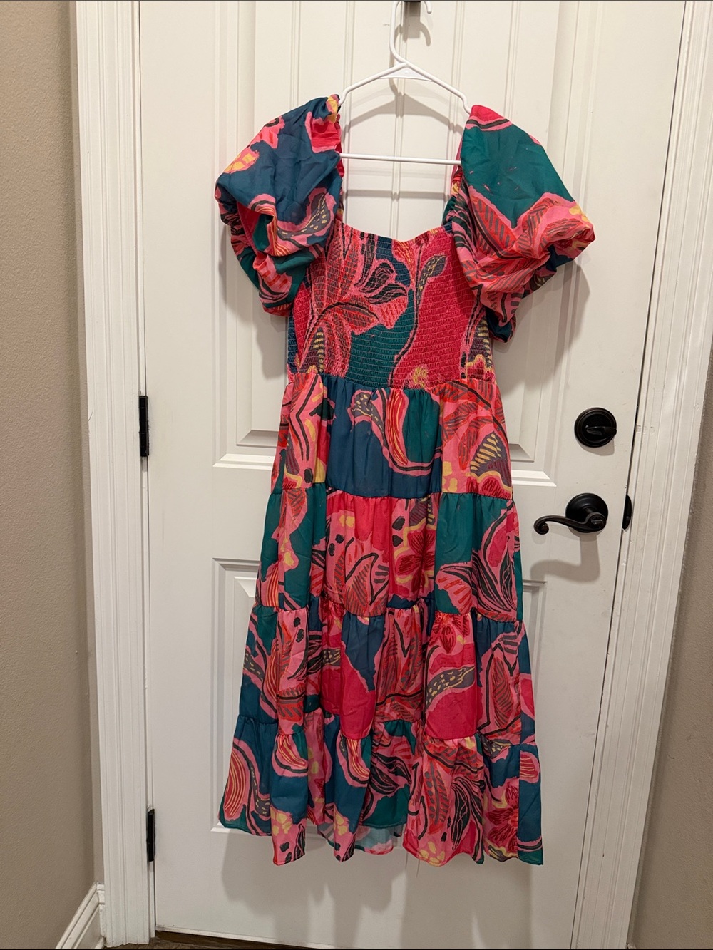 Womens' Floral Tiered Puff-Sleeve Dress in Pink and Teal